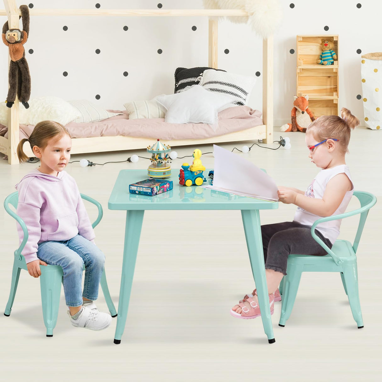 HONEY JOY Kids Table and Chairs Set, Table and 2 Chairs for Children w/Adjustable Non-slip Foot Pads