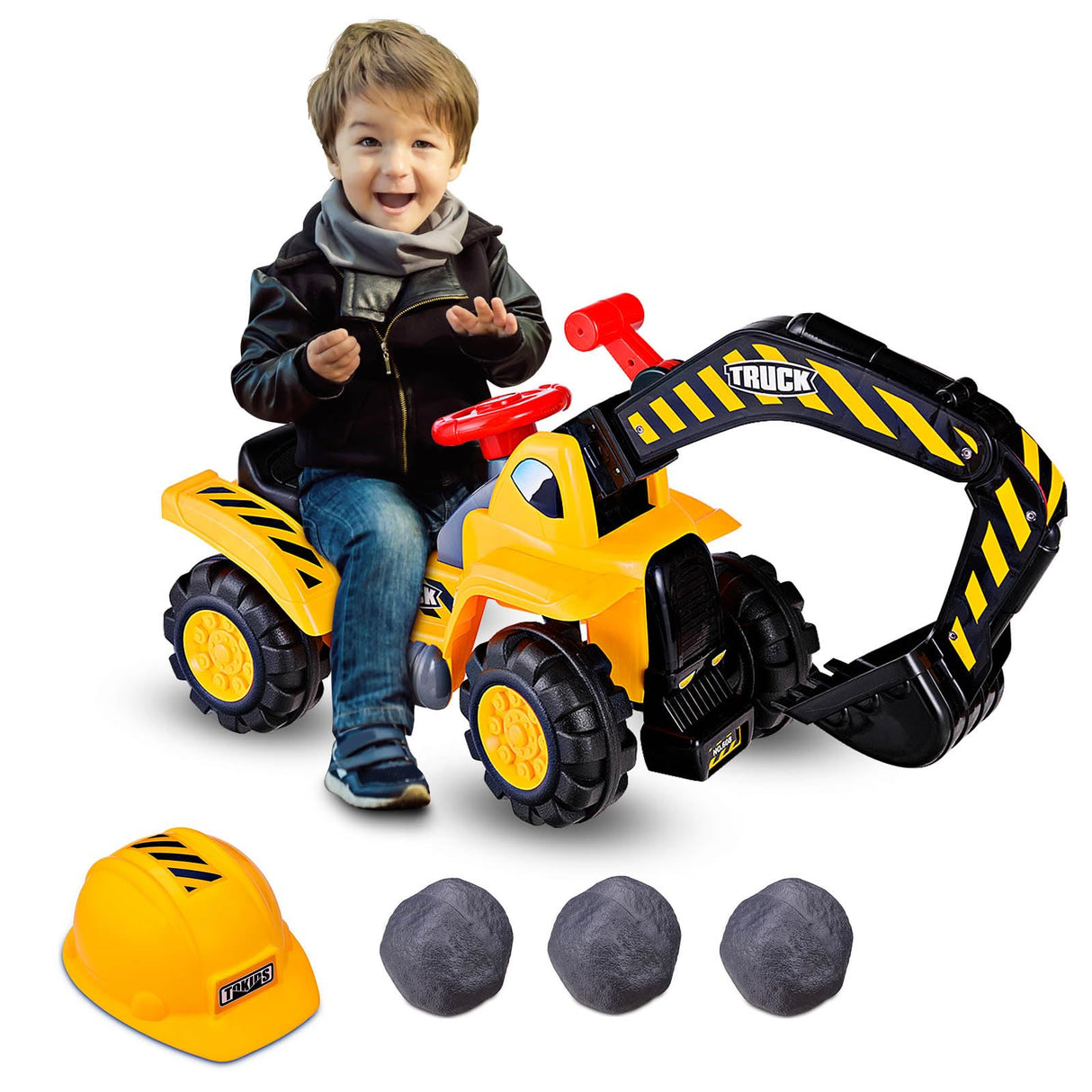 HONEY JOY Kids Ride On Excavator, Outdoor Digger Scooper Pulling Cart W/Safety Helmet Horn Underneath Storage