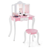 HONEY JOY Kids Vanity Table and Chair Set, 2-in-1 Kids Pretend Play Makeup Dressing Table Set with Tri-Folding Mirror