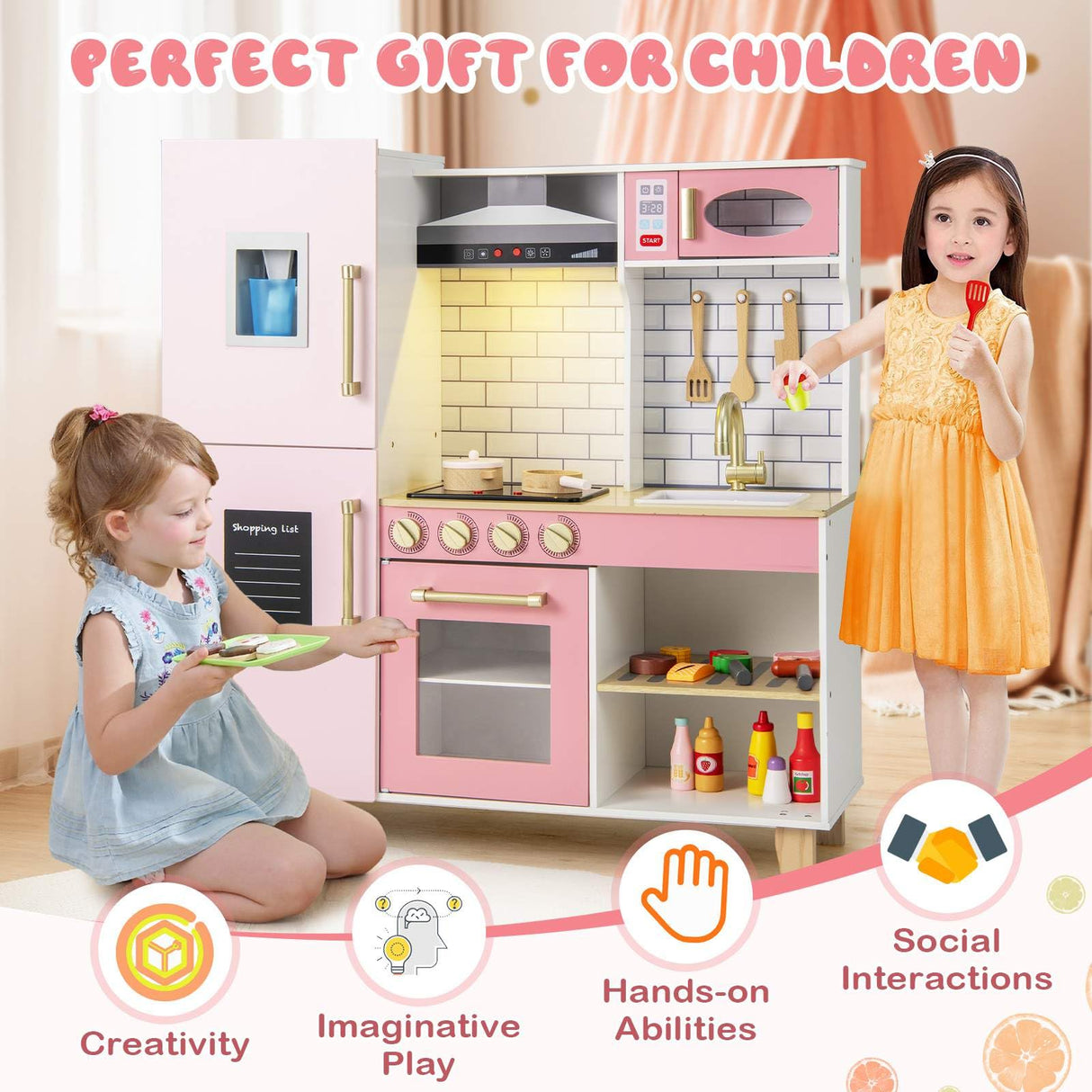 HONEY JOY Kids Kitchen Playset, Wooden Pretend Play Kitchen w/Ice Maker, Range Hood