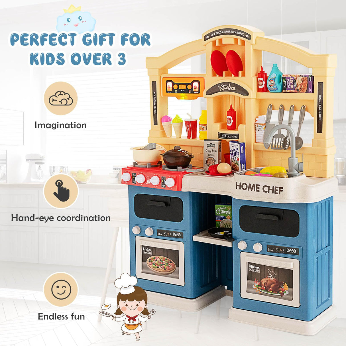 HONEY JOY 69 PCS Kids Play Kitchen Kids Kitchen Playset with Vapor & Boil Effects, Lights & Sounds