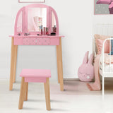 HONEY JOY 2-in-1 Kids' Vanity Set, Kids Wooden Vanity Table & Stool with Tri-Folding Mirror, Single Drawer