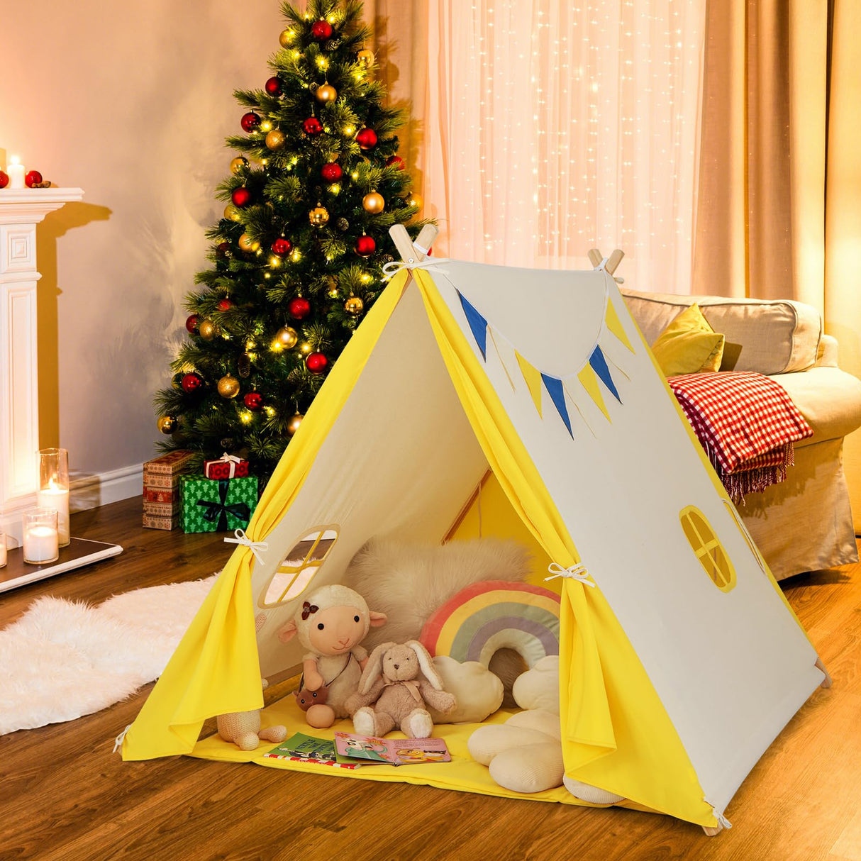 HONEY JOY Kids Play Tent, Triangular Kids & Toddlers Tent with Solid Wood Frame