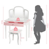 Kids Makeup Table Stool Set with Tri-folding Mirror for Bedroom