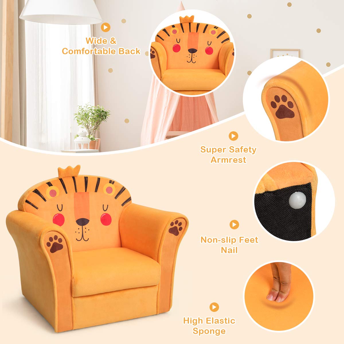 HONEY JOY Kids Sofa, Children Armrest Chair with Cute Pattern, Armrest Couch for Children (Lion)