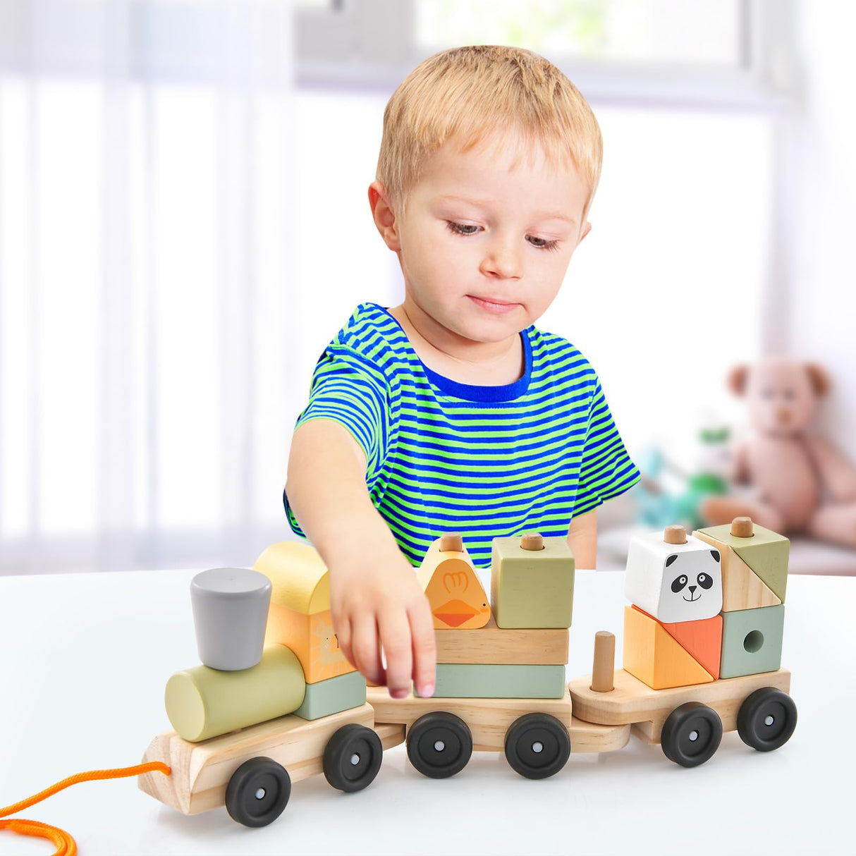 HONEY JOY Wooden Train Set, 3-Section Toy Train with Stackable Building Blocks