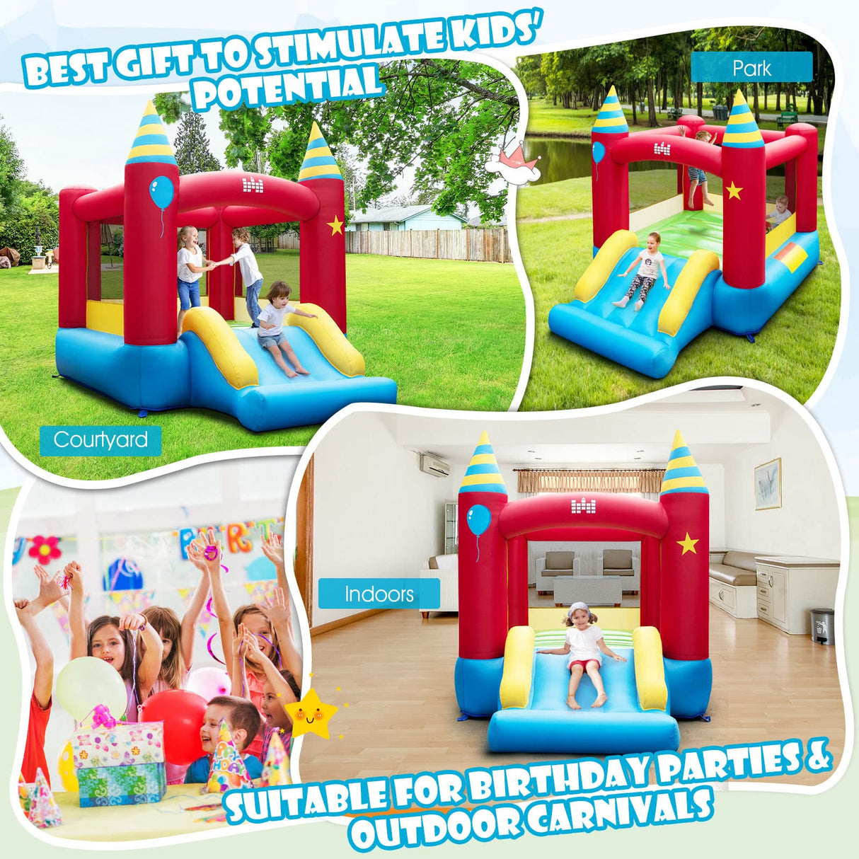 HONEY JOY Inflatable Bounce House, Kids Bouncy Castle w/Large Jumping Area & Wide Slide