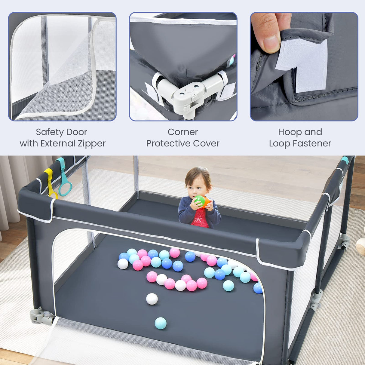 BABY JOY Foldable Baby Playpen, 124 x 124 x 70cm Playpen Activity Center w/50 Balls & 4 Pull Rings for Babies Toddlers