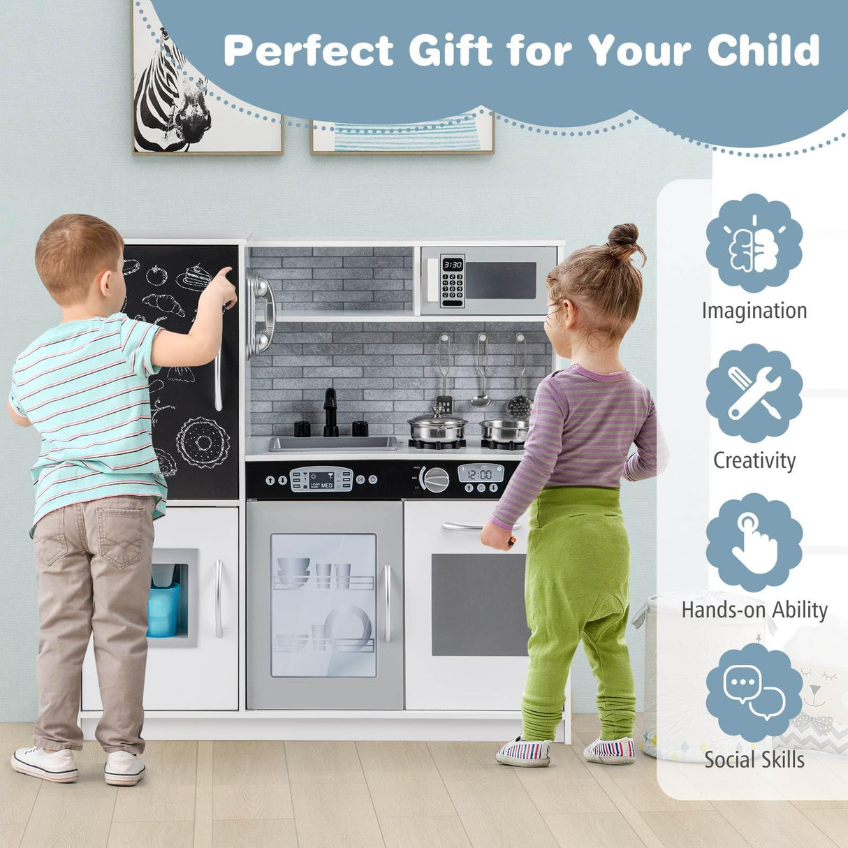 HONEY JOY Pretend Play Kitchen, Toddler Kitchen Playset w/Blackboard, Phone, Microwave, Ice Maker, Dishwasher & Oven