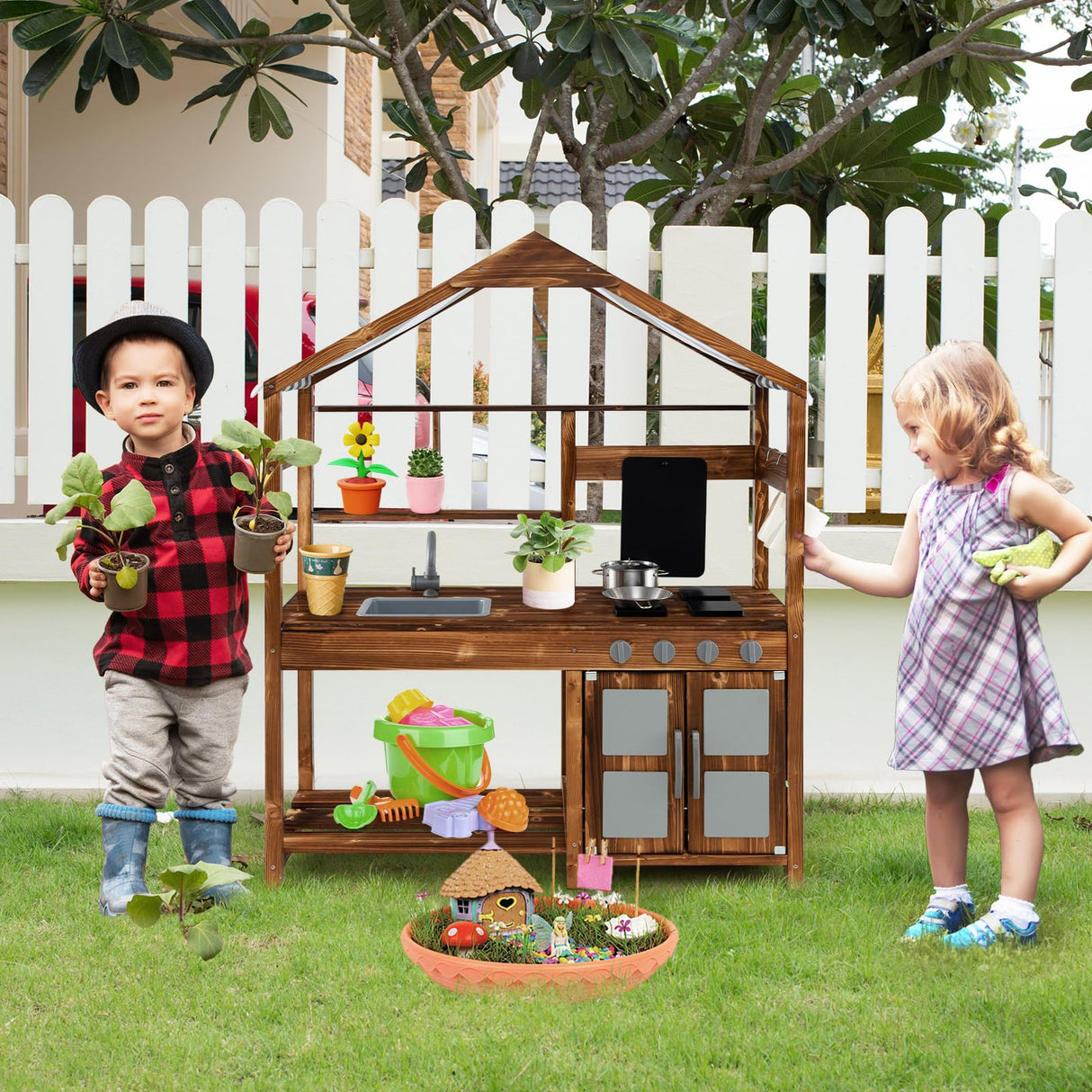 HONEY JOY Wooden Mud Kitchen, Outdoor Play Kitchen with Roof, Chalkboard, Stoves, Removable Sink and Kitchen Accessories