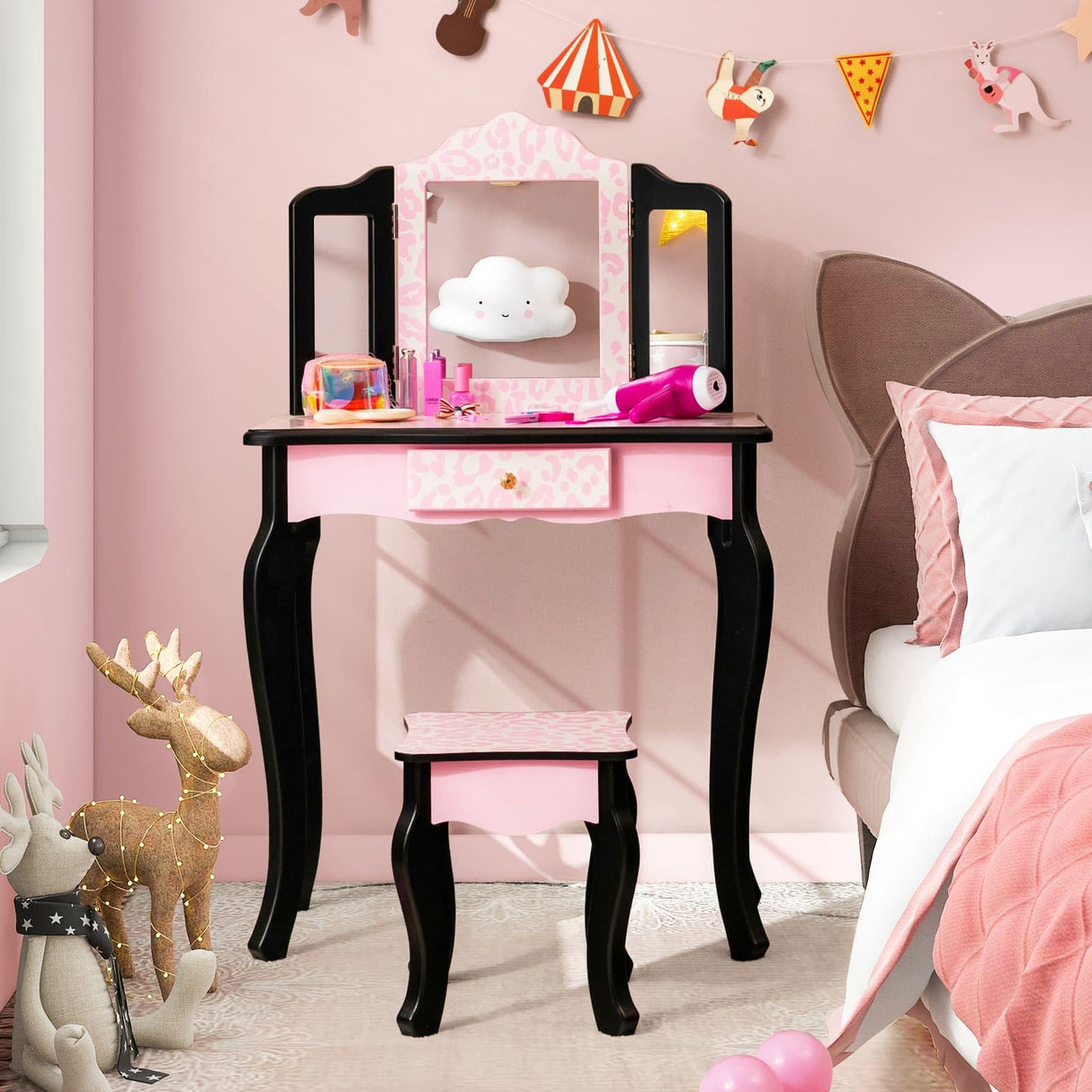 HONEY JOY Kids Vanity Table & Stool Set, Pretend Play Beauty Makeup Dressing Table w/Tri-Folding Mirror & Single Drawer