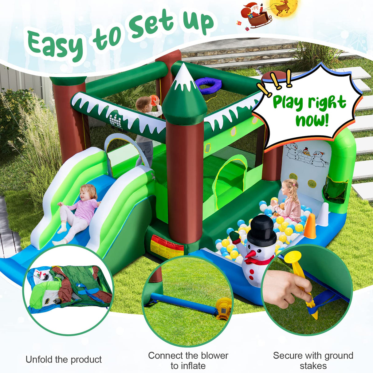 HONEY JOY Kids Inflatable Bounce House, Christmas Snowman Jumping Castle for Children (with 680W Blower)