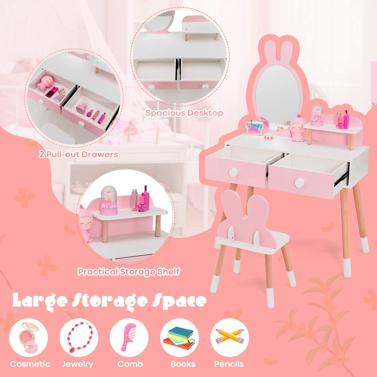 HONEY JOY Kids Vanity Table and Stool Set Makeup Dressing Desk w/Storage Shelf