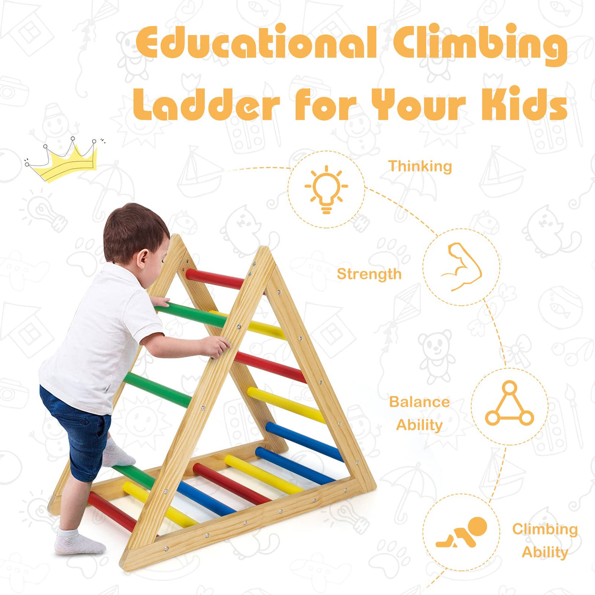 HONEY JOY Triangle Climber, Wooden Climbing Ladder Play Equipment for Kids