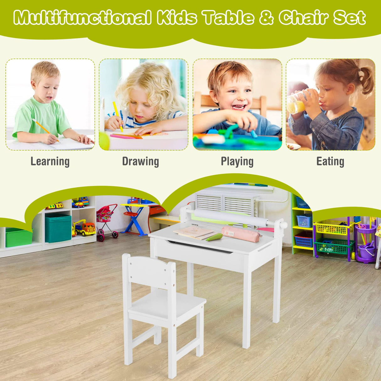 HONEY JOY Kids Table and Chairs Set, Activity Desk and Chair for Children w/Paper Roll Holder & 2 Markers