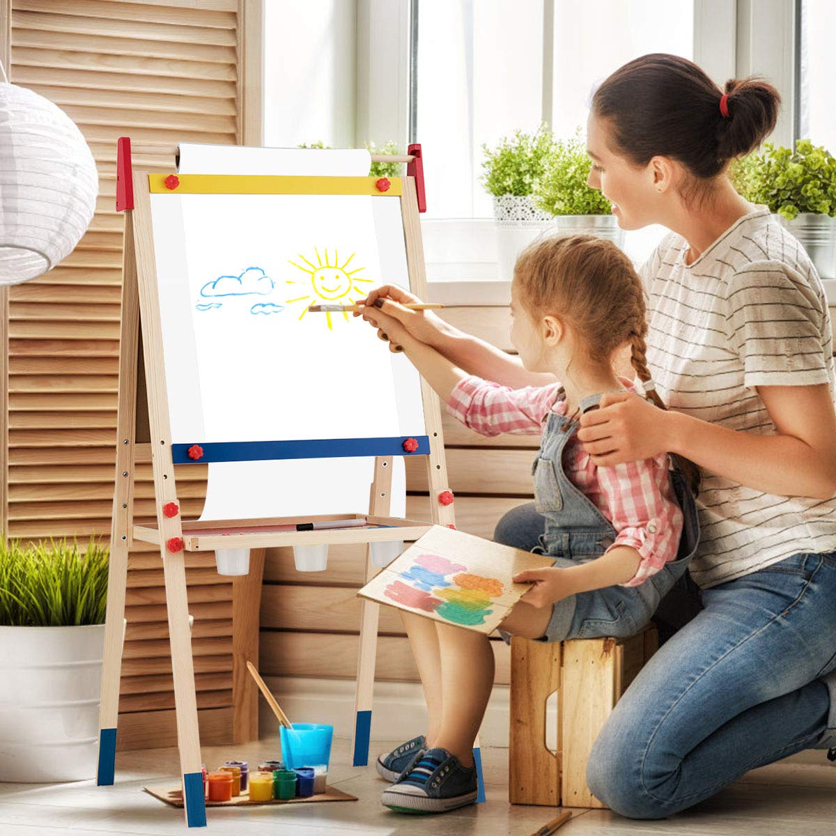 BABY JOY Kids Art Easel, 3 in 1 Double Sided Adjustable Chalkboard & Whiteboard