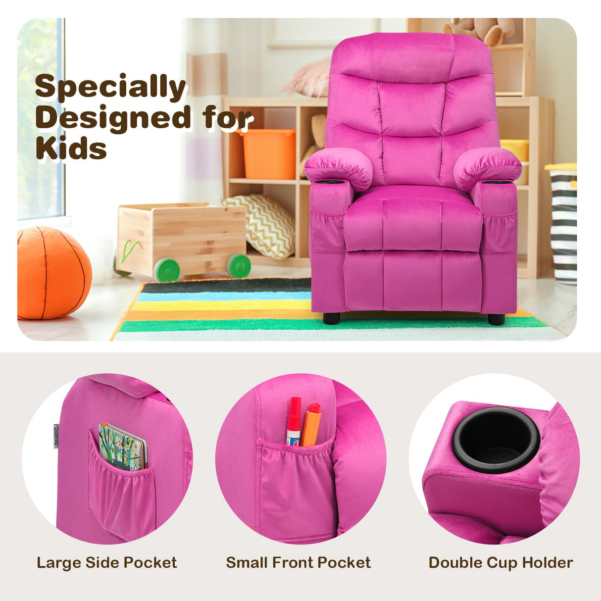 HONEY JOY Kids Recliner Chair with Cup Holder, Adjustable Velvet Lounge Chair w/Footrest & Side Pockets for Children Boys Girls Room