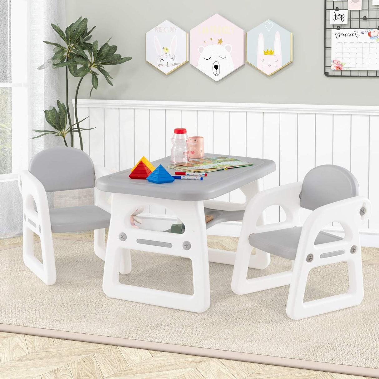 Kids Table and Chairs Set, Toddler Activity Table with 2 Chairs for Reading, Drawing, Playing, Storage Rack