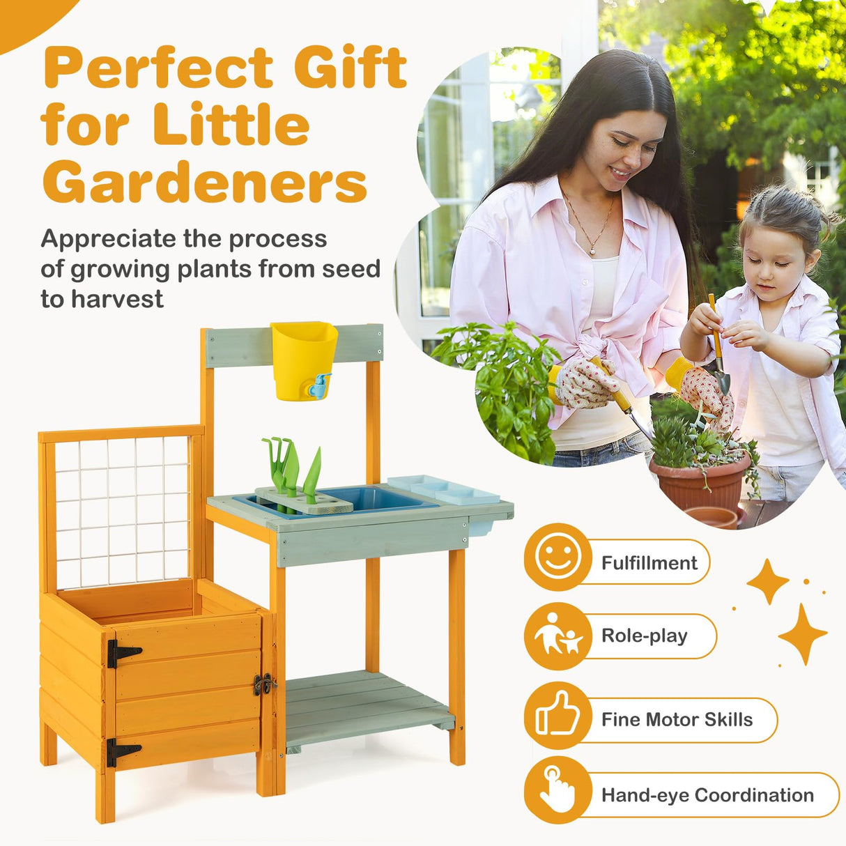 HONEY JOY Kids Outdoor Potting Bench w/See-Through Window, Planter Box and Garden Trellis