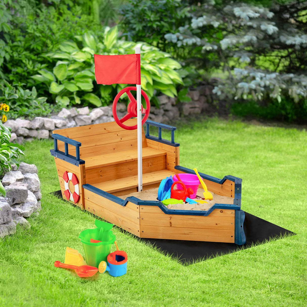 HONEY JOY Wooden Kids Sandbox Outdoor Play Sandpit Toy w/2-in-1 Storage Benches