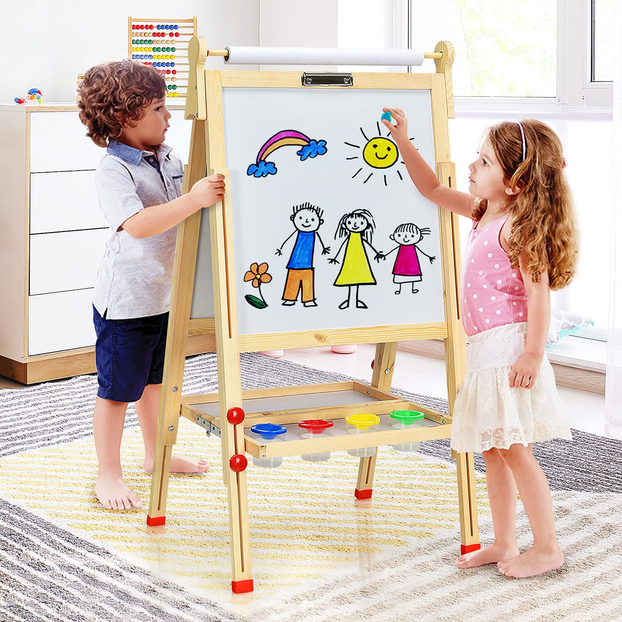 BABY JOY Kids Art Easel, Wooden Foldable Double-Sided Chalkboard Whiteboard w/Board Eraser