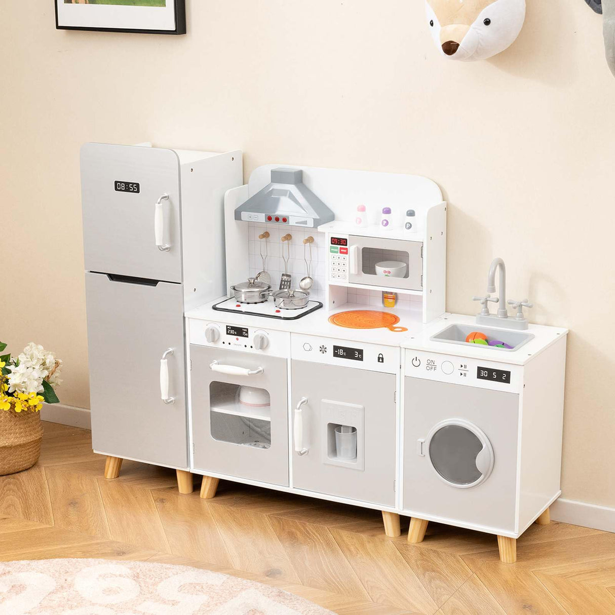 3-in-1 Kids Kitchen Playset Corner Pretend Play Kitchen w/Fridge Washing Machine