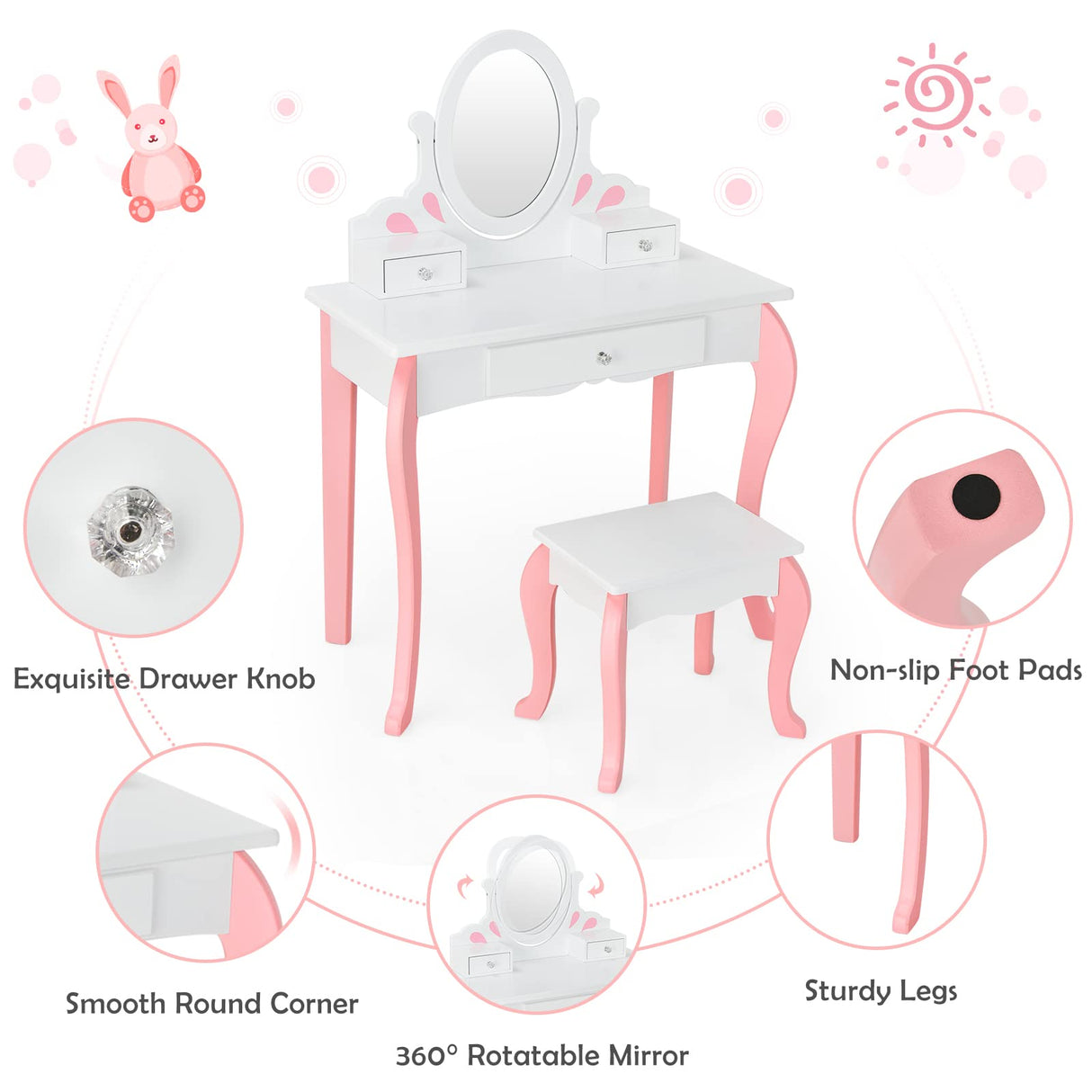 HONEY JOY Kids Vanity and Stool Set, Toddlers Pretend Play Vanity Set w/ 3 Drawers & 360° Rotating Oval Mirror