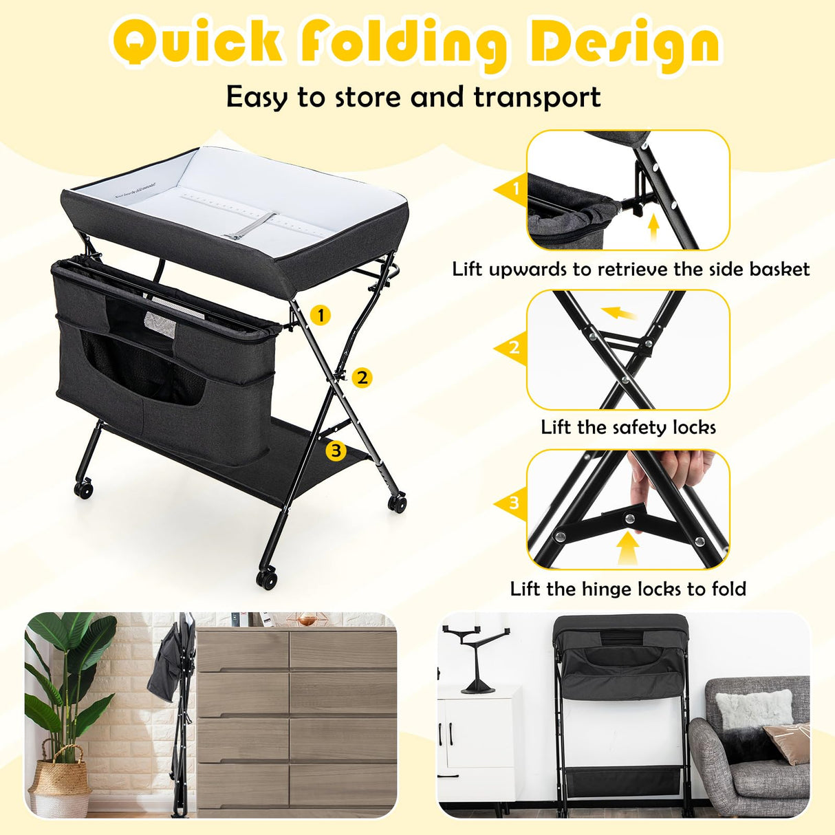 BABY JOY Foldable Baby Changing Table, 4-in-1 Diaper Station w/4 Adjustable Heights & 4 Lockable Wheels