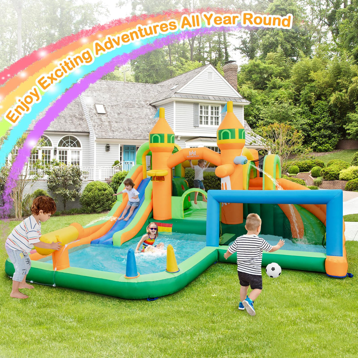 HONEY JOY Inflatable Water Slide, Kids Water Park w/Long Slides, Splash Pools, Climbing Wall, Water Gun