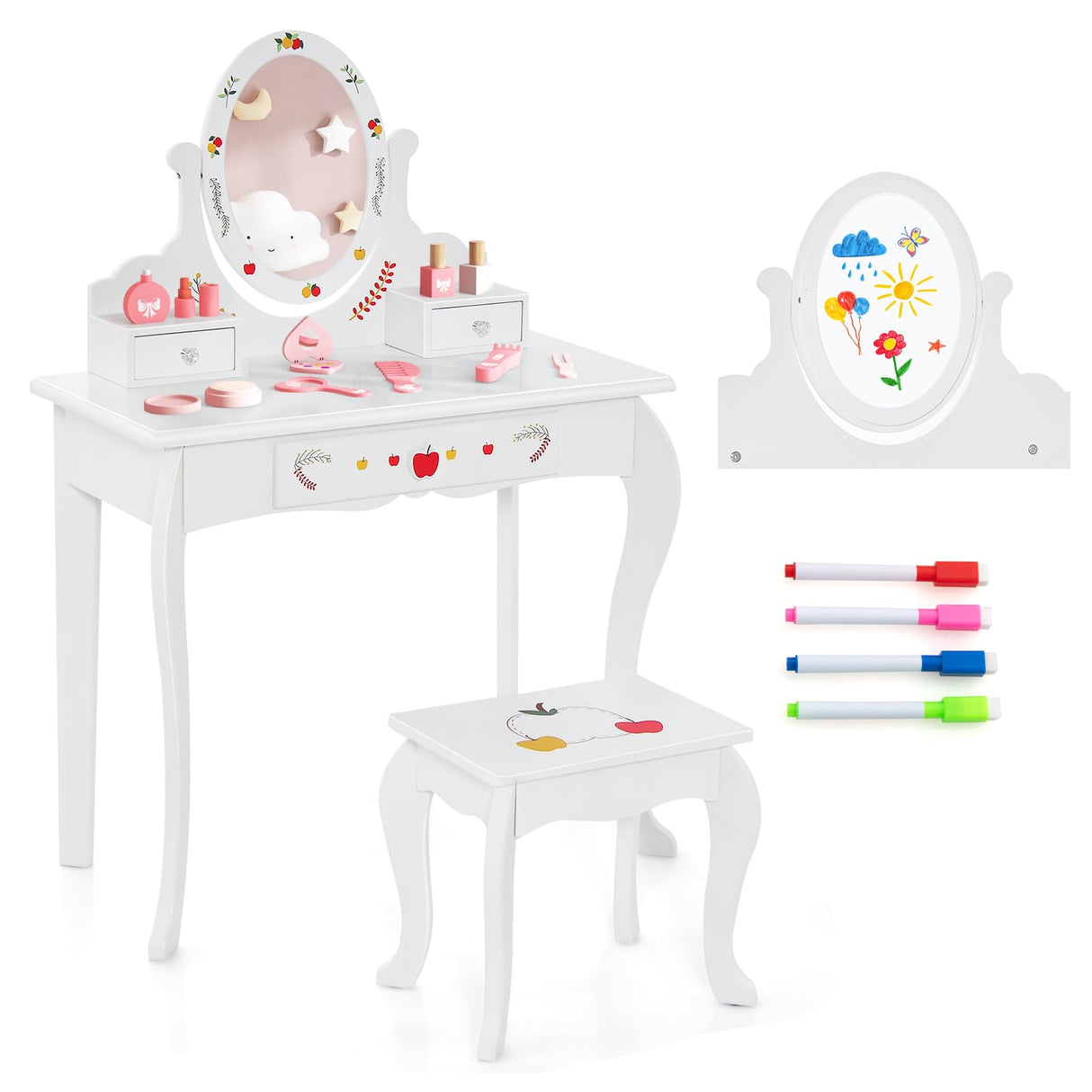 HONEY JOY Kids Vanity & Stool Set, Kids Dressing Table w/360° Rotatable Mirror, Whiteboard, 3 Storage Drawers, Cute Apple Patterns