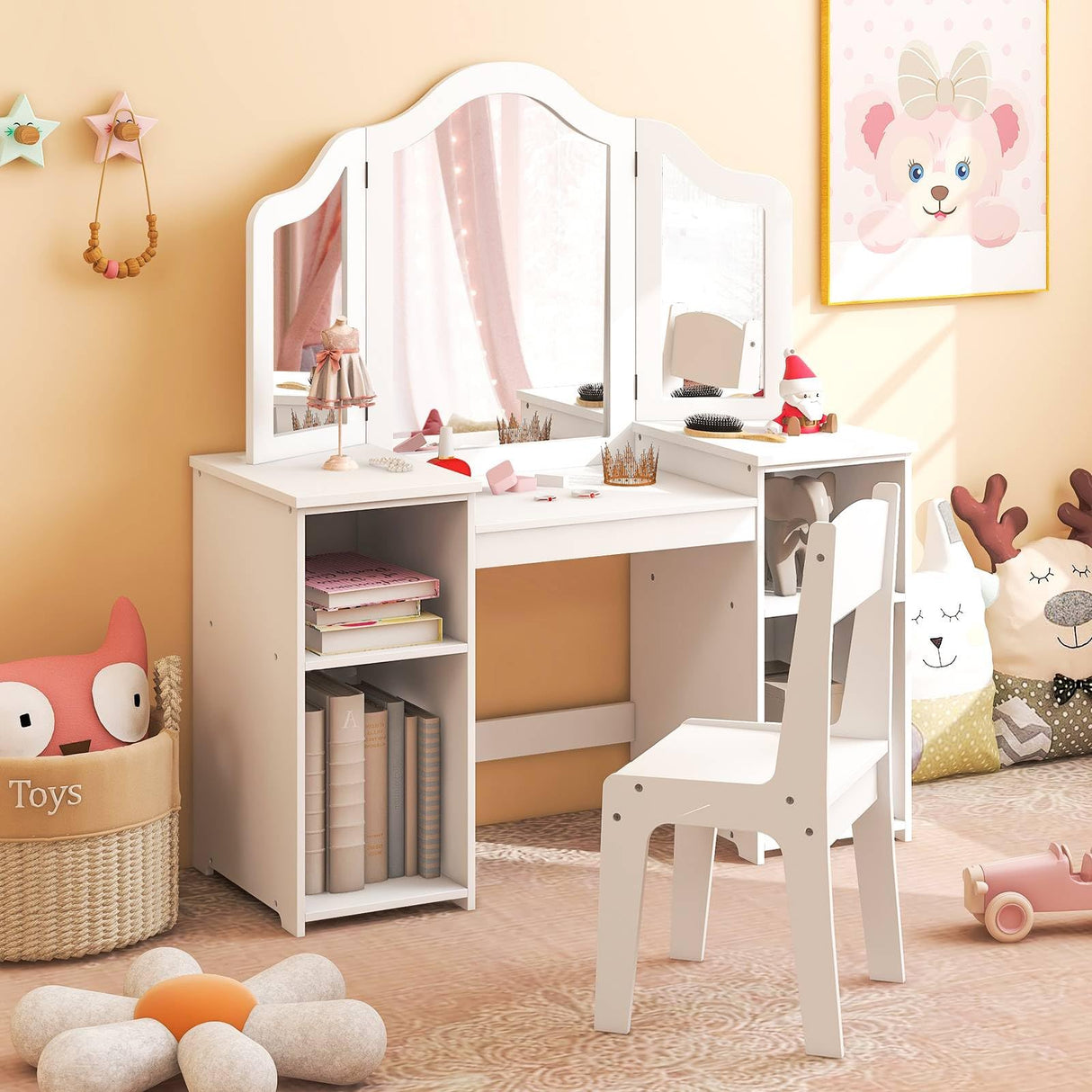 HONEY JOY 2 in 1 Kids Vanity Table & Chair Set, Princess Vanity Table with Removable Tri-fold Mirror