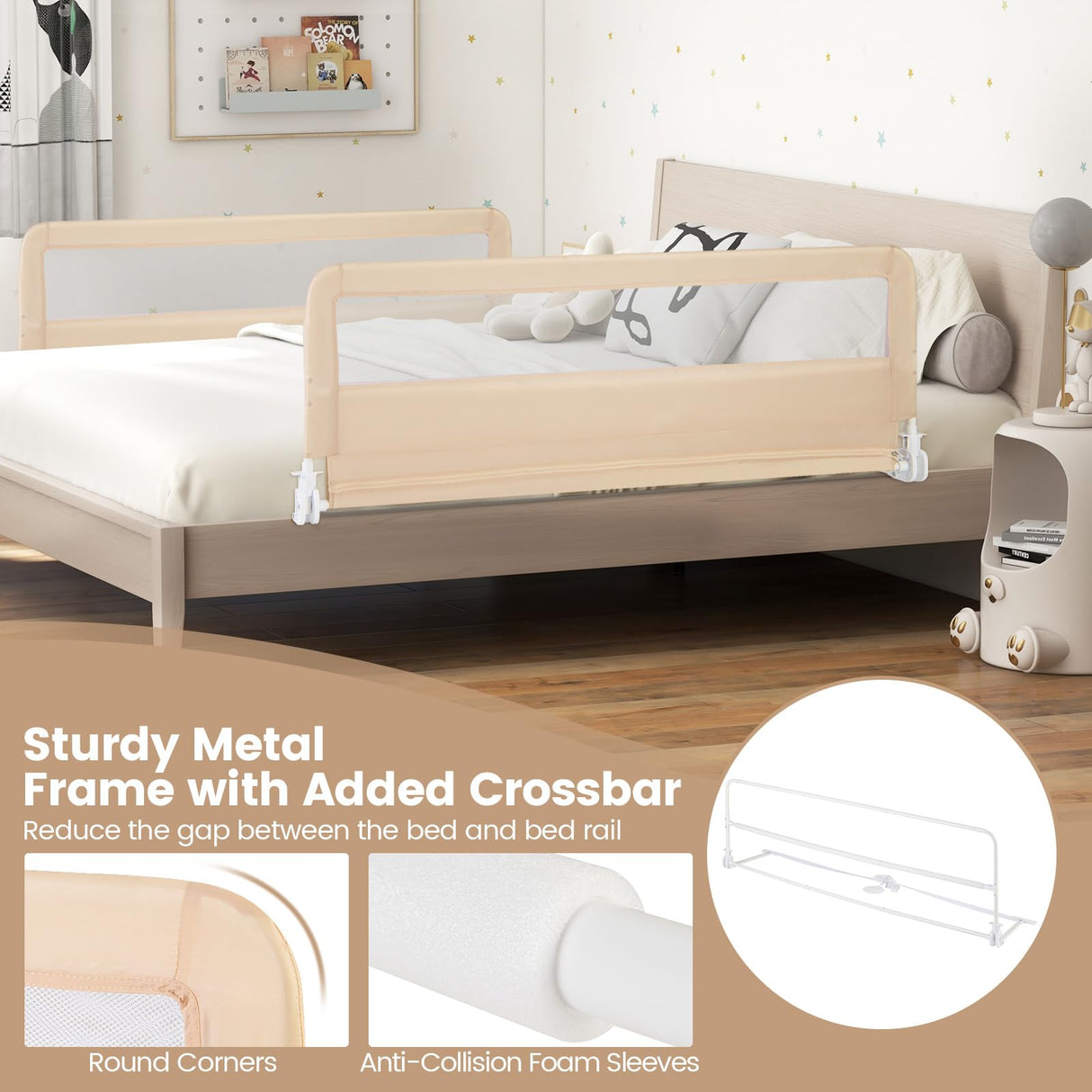 BABY JOY Bed Rail Guard for Toddlers, 150 x 55 cm Foldable Baby Bed Rail w/Safety Strap for Crib