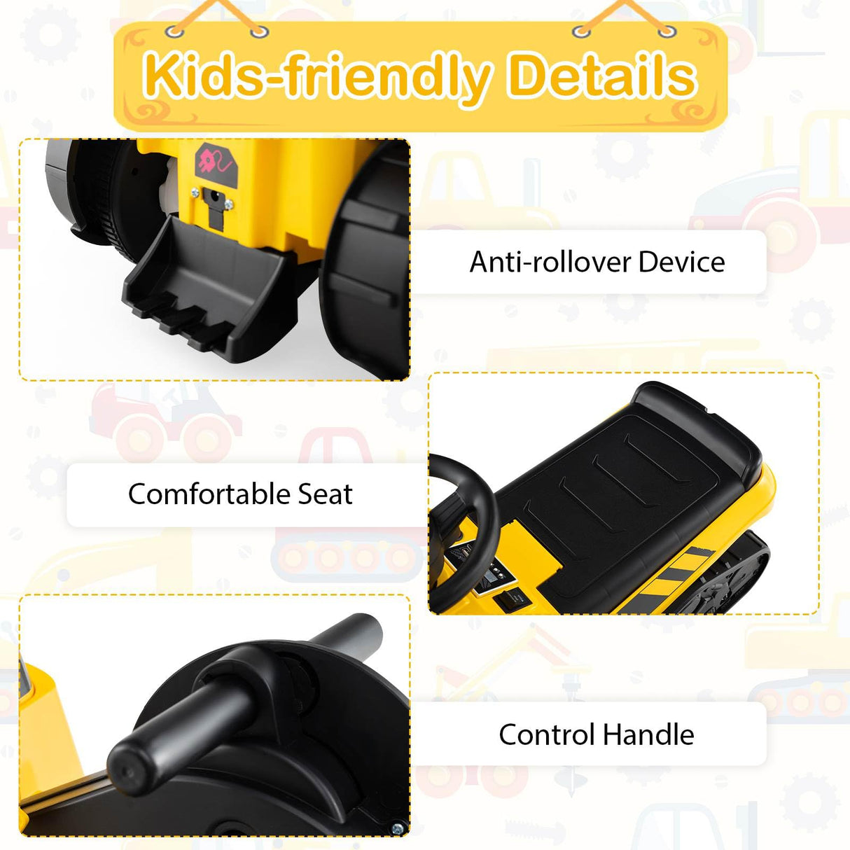 HONEY JOY 3-in-1 Kid Ride on Tractor w/Adjustable Arms, Electric Excavator Bulldozer Toy Road Roller w/Music