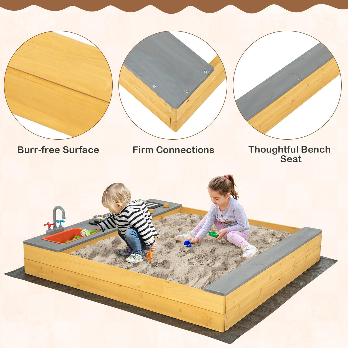 HONEY JOY Wooden Sandbox, Kids Sand Pit with Kitchen Playset Accessories and Built-in Bench Seat