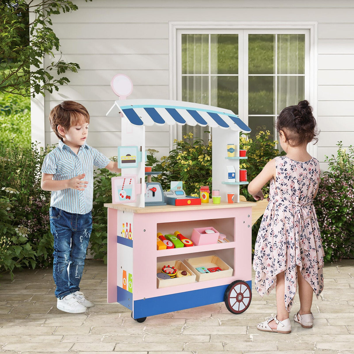 HONEY JOY Wooden Grocery Store Playset, Kids Pretend Role Play Market Stand with Play Food, Beverage Rack