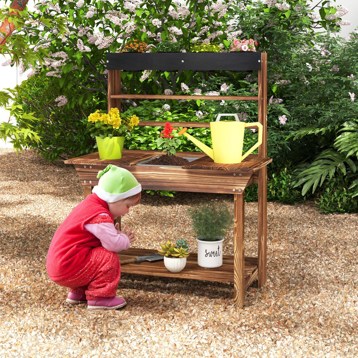 HONEY JOY Kids Potting Bench, Wooden Toy Gardening Center with 4 Pots, Removable Sink and Built-in Chalkboard