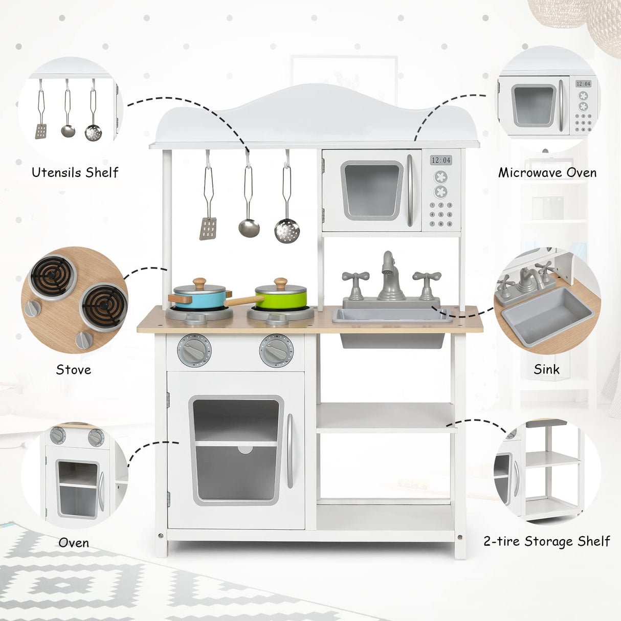 HONEY JOY Kids Kitchen Playset, Wooden Pretend Playset for Toddlers w/Sink, Oven, Microwave, Stove, Pots, Utensils