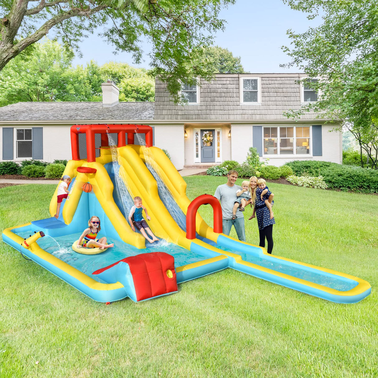 HONEY JOY Inflatable Water Slide, 7-in-1 Double Long Slide Inflatable Water Park w/Climbing Wall