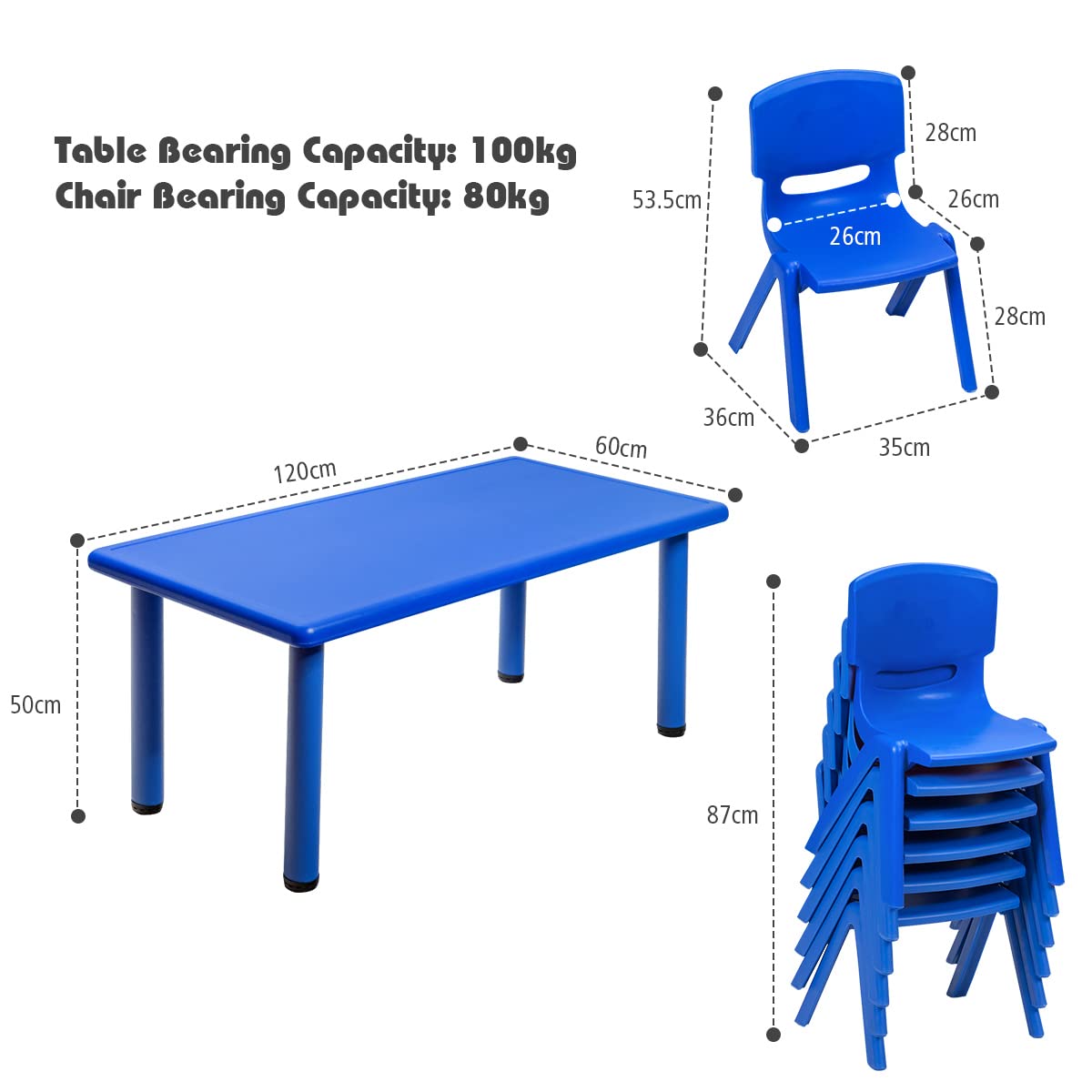 HONEY JOY 7 PC Kids Table and Chairs Set, 6 Stackable Chairs, 120 X 60cm Rectangular Table Set for Children Painting & Playing & Dining & Study