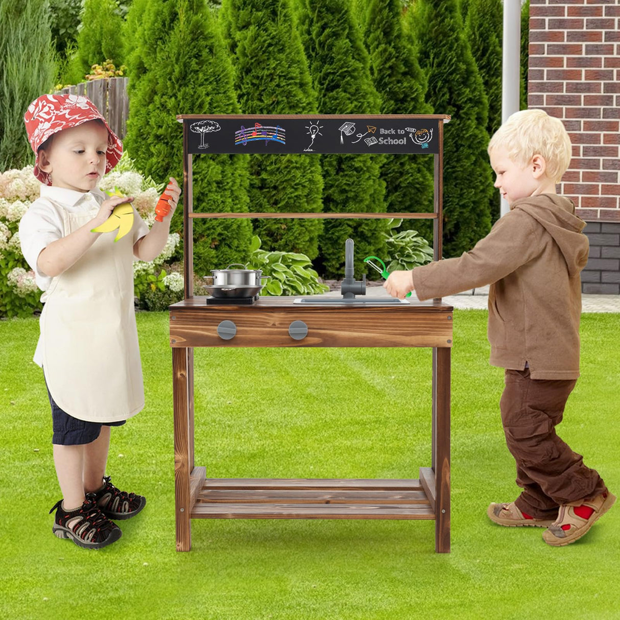 HONEY JOY Kids Mud Kitchen, Outdoor Play Kitchen with Blackboard, Stoves, Removable Sink