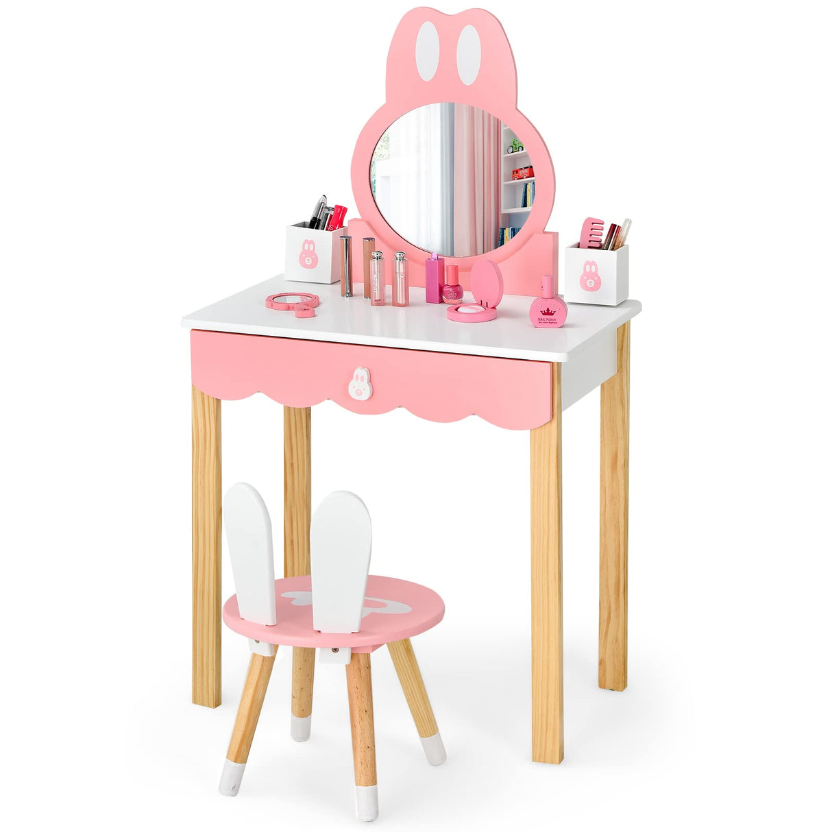 HONEY JOY Kids Vanity Table & Chair Set, Makeup Dressing Table w/Detachable Top, Drawer & Storage Boxes