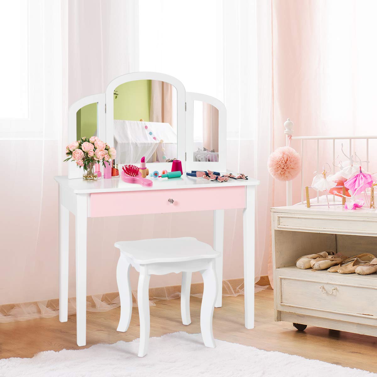 Kids Makeup Table Stool Set with Tri-folding Mirror for Bedroom