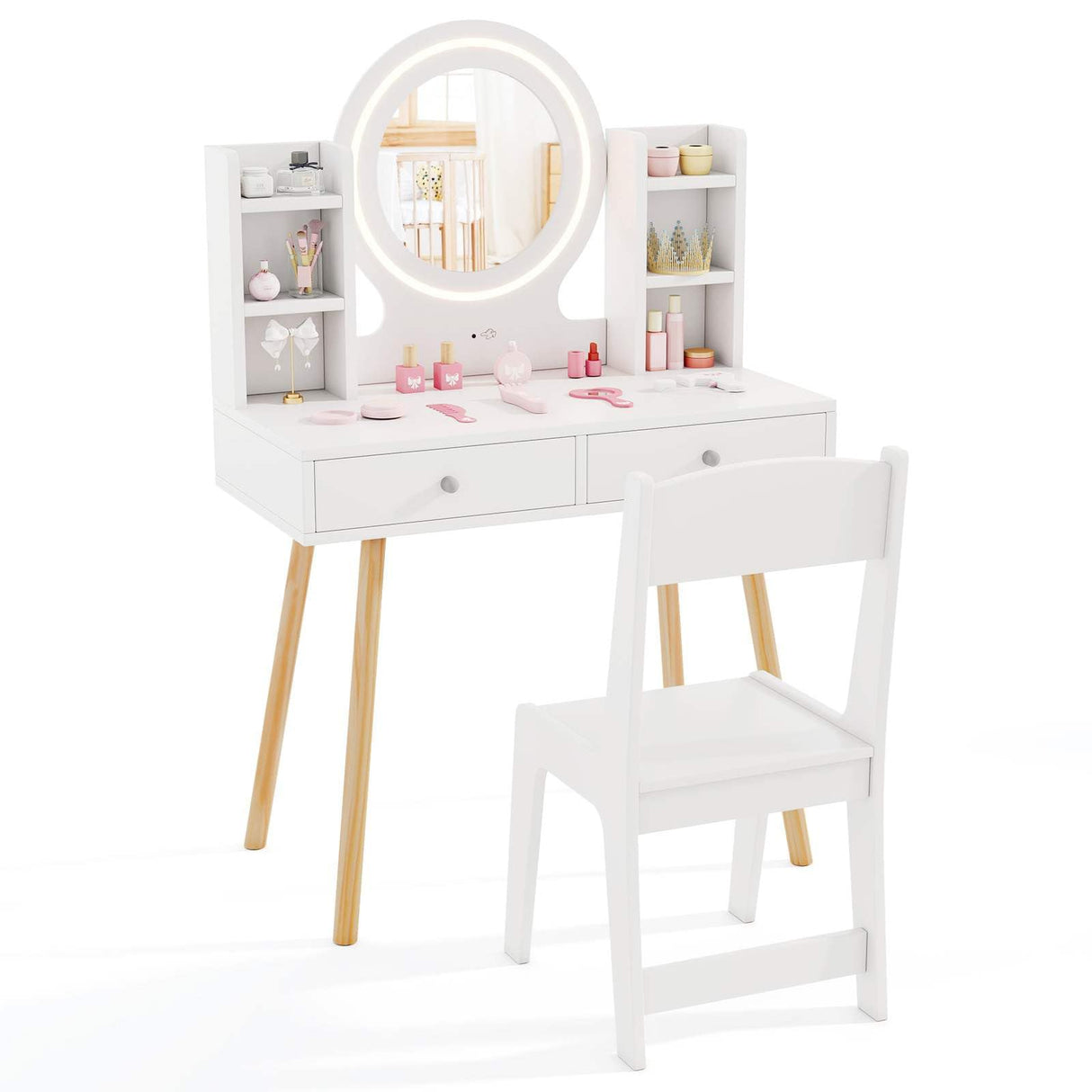 Wooden Kids Vanity Set Makeup Dressing Table w/ 2-Color LED Lighted Mirror Stool