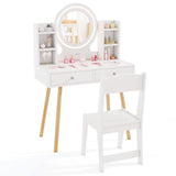 Wooden Kids Vanity Set Makeup Dressing Table w/ 2-Color LED Lighted Mirror Stool