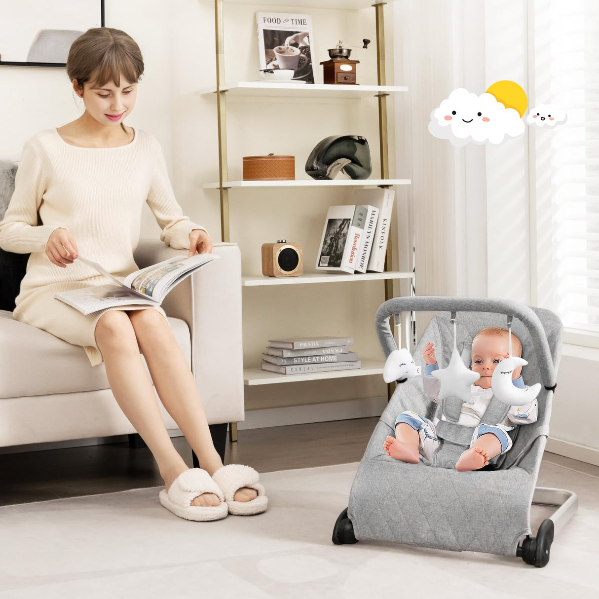 BABY JOY Baby Bouncer, Foldable Baby Rocker with 5-Point Safety Harness