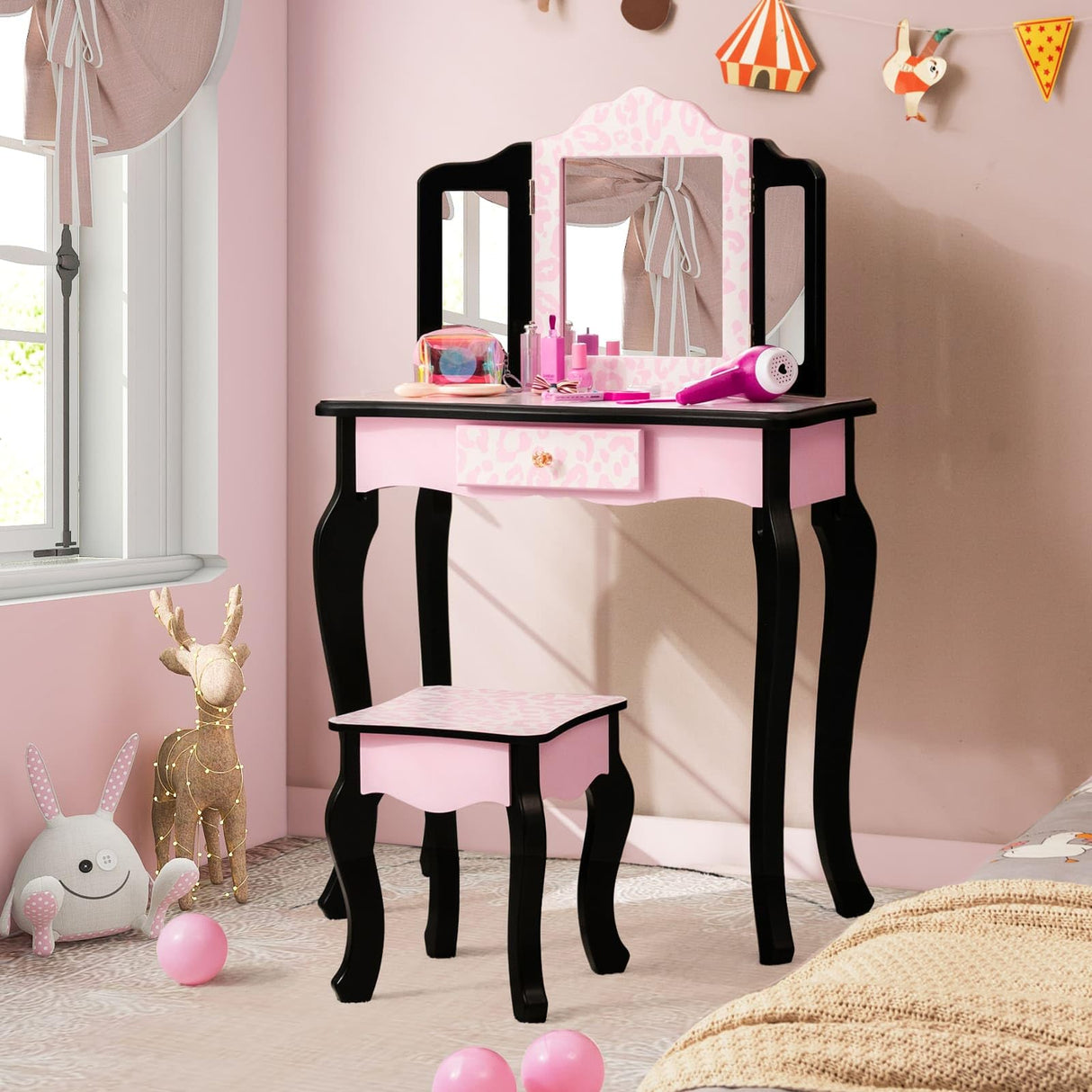 HONEY JOY Kids Vanity Table & Stool Set, Pretend Play Beauty Makeup Dressing Table w/Tri-Folding Mirror & Single Drawer