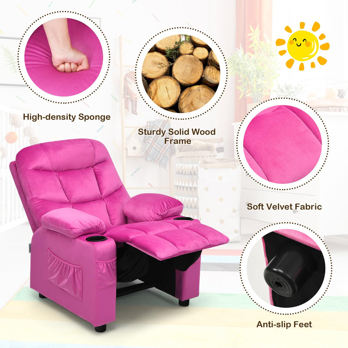 HONEY JOY Kids Recliner Chair with Cup Holder, Adjustable Velvet Lounge Chair w/Footrest & Side Pockets for Children Boys Girls Room