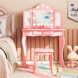 HONEY JOY Kids 2-in-1 Vanity Table and Stool Set,Princess Makeup Vanity Set w/3-color LED Lights & Adjustable Brightness