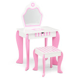 HONEY JOY Kids Vanity Table & Stool Set, 2-in-1 Princess Pretend Play Makeup Dressing Table Set w/Mirror & Drawer