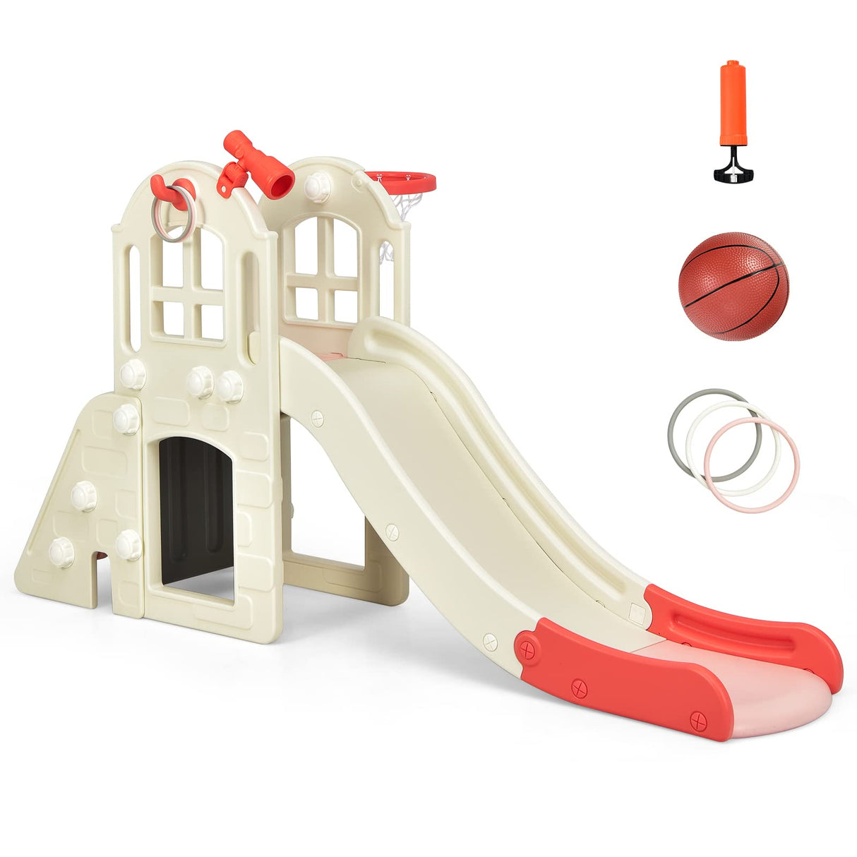 HONEY JOY 6 in 1 Slide for Kids, Toddler Climber Slide Set with Basketball Hoop, Ball, Ring Toss & Telescope